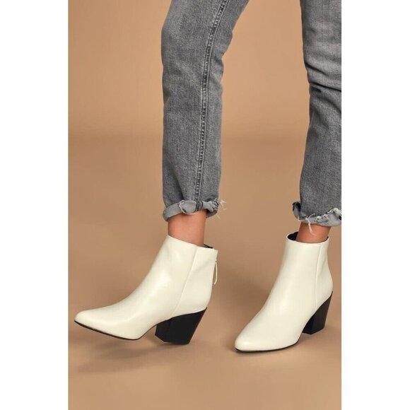 LULUS Brya White Vegan Leather Pointed-Toe Chunky Heel Ankle Bootie 7.5 - Picture 3 of 7